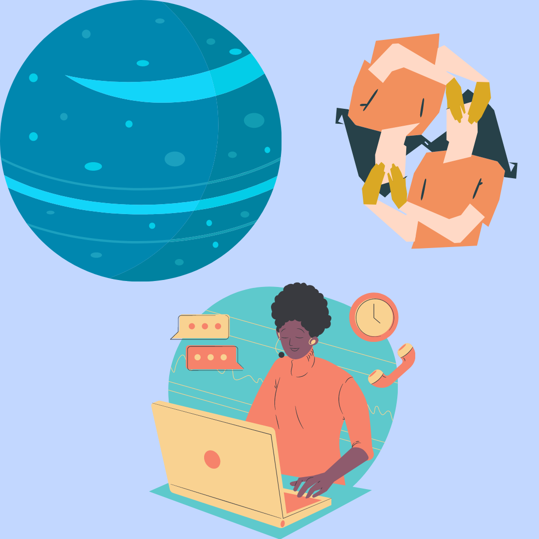 Representação de Netuno em Gêmeos no trabalho por meio do planeta e uma mulher trabalhando em frente ao computador