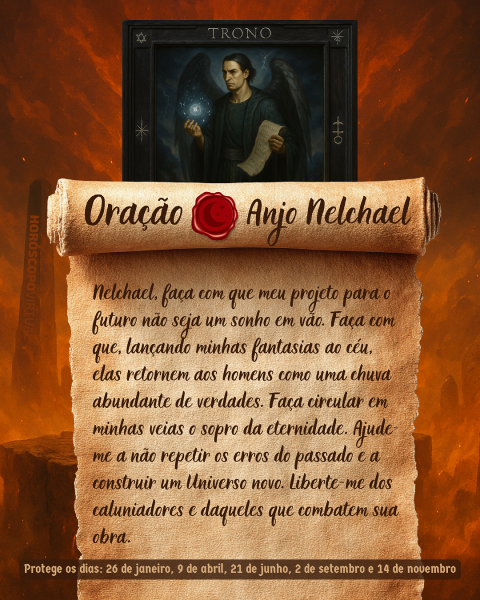 HORÓSCOPO ViRTUaL / Canva Imagem vertical, com fundo em tons de laranja e marrom. Na parte superior, há um quadro representando um anjo. Um pergaminho antigo ocupa a maior parte da imagem e apresenta o título “Oração Anjo Nelchael” e a oração: