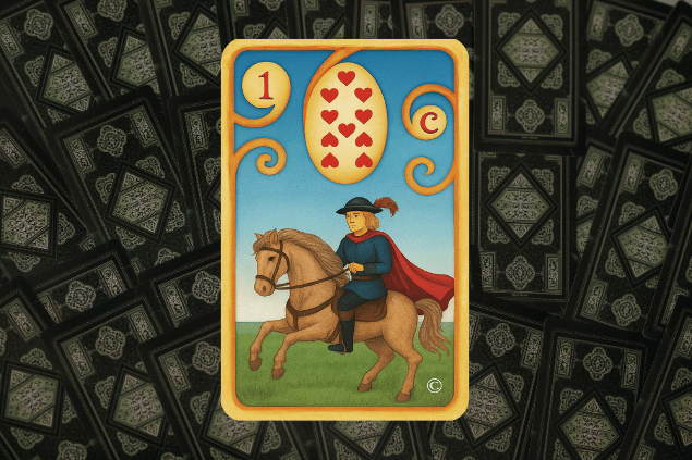 Montagem com a carta O Cavaleiro do Baralho Cigano na posição normal em destaque. Ao fundo, há várias cartas de Tarot viradas para baixo.