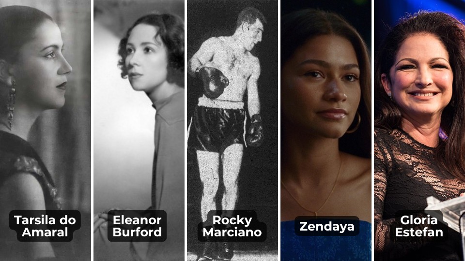 Montagem com fotos de Tarsila do Amaral, Eleanor Alice Burford, Rocky Marciano vs. Rex Layne, Zendaya no filme 