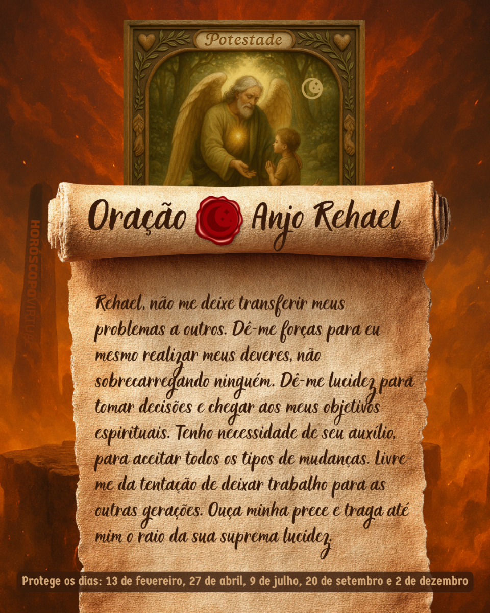 HORÓSCOPO ViRTUaL / Canva Imagem vertical, com fundo em tons de laranja e marrom. Na parte superior, há um quadro representando um anjo. Um pergaminho antigo ocupa a maior parte da imagem e apresenta o título “Oração Anjo Rehael” e a oração: