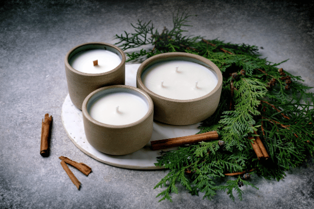 Natasha Breen / Natashabreen / Canva Na imagem, há alguns recipientes com velas em cima de uma mesa. Ao lado, há plantas e palo santo.