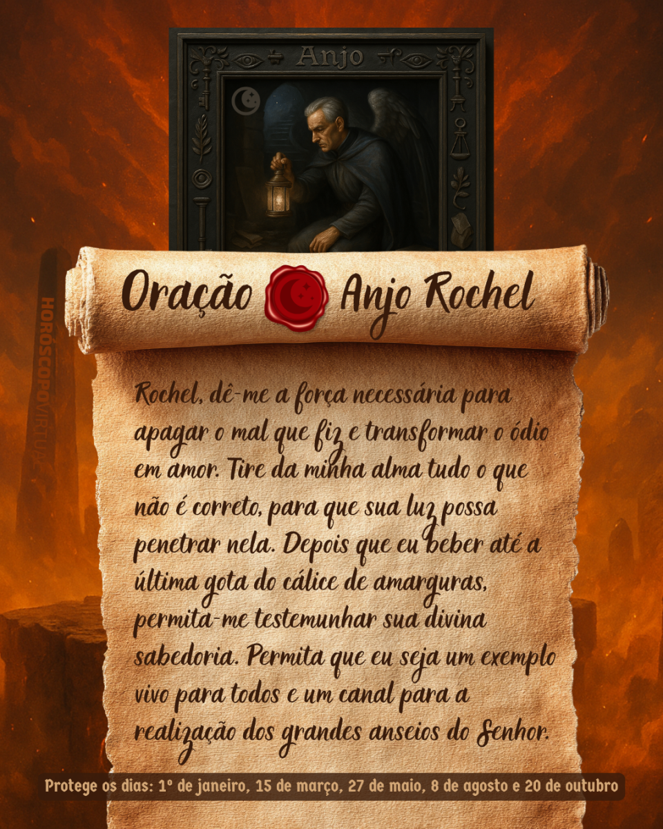 HORÓSCOPO ViRTUaL / Canva Imagem vertical, com fundo em tons de laranja e marrom. Na parte superior, há um quadro representando um anjo. Um pergaminho antigo ocupa a maior parte da imagem e apresenta o título “Oração Anjo Rochel” e a oração: