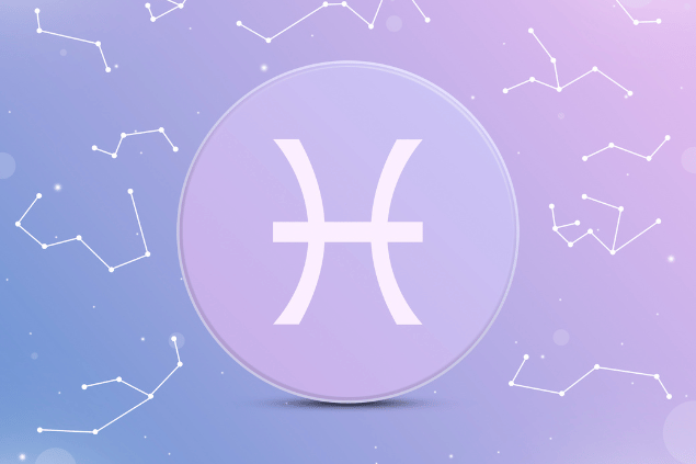 Símbolo do signo de peixes na Astrologia, dentro de um círculo em fundo lilás.  