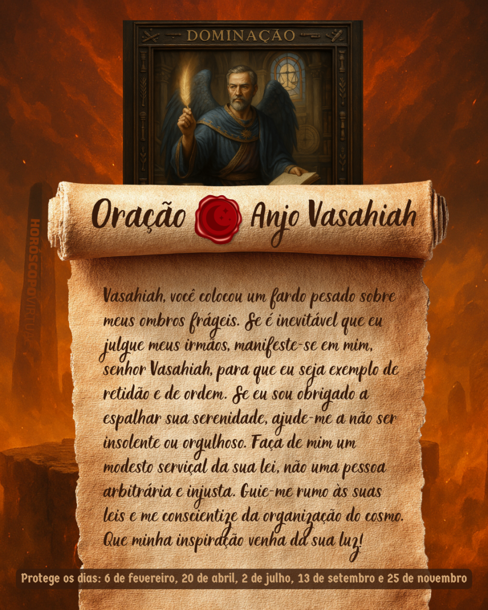 HORÓSCOPO ViRTUaL / Canva Imagem vertical, com fundo em tons de laranja e marrom. Na parte superior, há um quadro representando um anjo. Um pergaminho antigo ocupa a maior parte da imagem e apresenta o título “Oração Anjo Vasahiah” e a oração:
