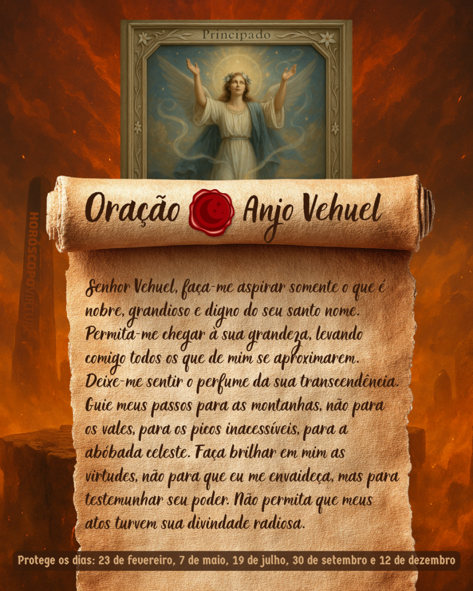 Imagem vertical, com fundo em tons de laranja e marrom. Na parte superior, há um quadro representando um anjo. Um pergaminho antigo ocupa a maior parte da imagem e apresenta o título “Oração Anjo Vehuel” e a oração: 
