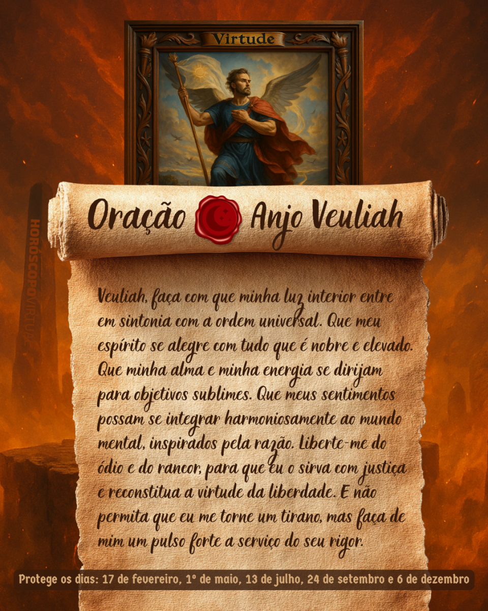 Imagem vertical, com fundo em tons de laranja e marrom. Na parte superior, há um quadro representando um anjo. Um pergaminho antigo ocupa a maior parte da imagem e apresenta o título “Oração Anjo Veuliah” e a oração: 