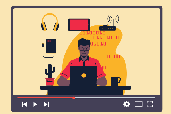 Ilustração de homem trabalhando com itens tecnologicos em volta