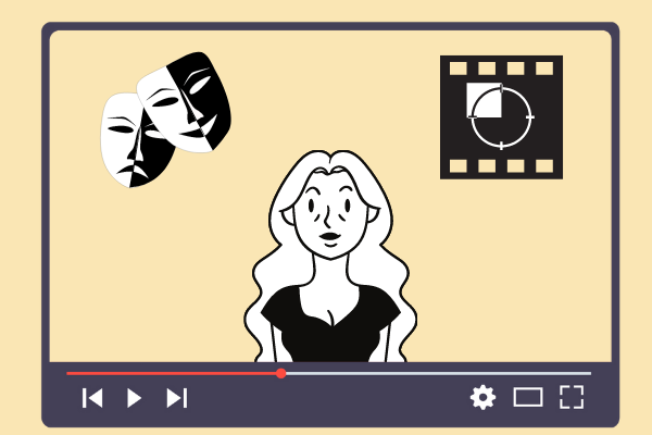 Ilustração de mulher com máscaras do teatro e contagem do cinema com borda do youtube