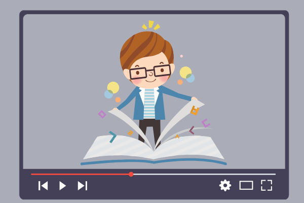 Ilustração de menino no meio do livro em borda do youtube