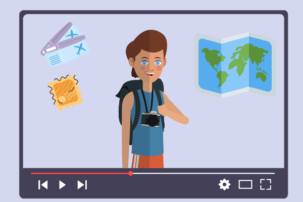 Ilustração de homem com mala de viagem e passagens, mapa e selo postal em borda do youtube