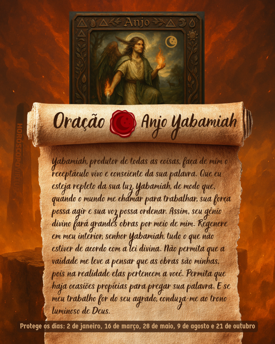 HORÓSCOPO ViRTUaL / Canva Imagem vertical, com fundo em tons de laranja e marrom. Na parte superior, há um quadro representando um anjo. Um pergaminho antigo ocupa a maior parte da imagem e apresenta o título “Oração Anjo Yabamiah” e a oração: