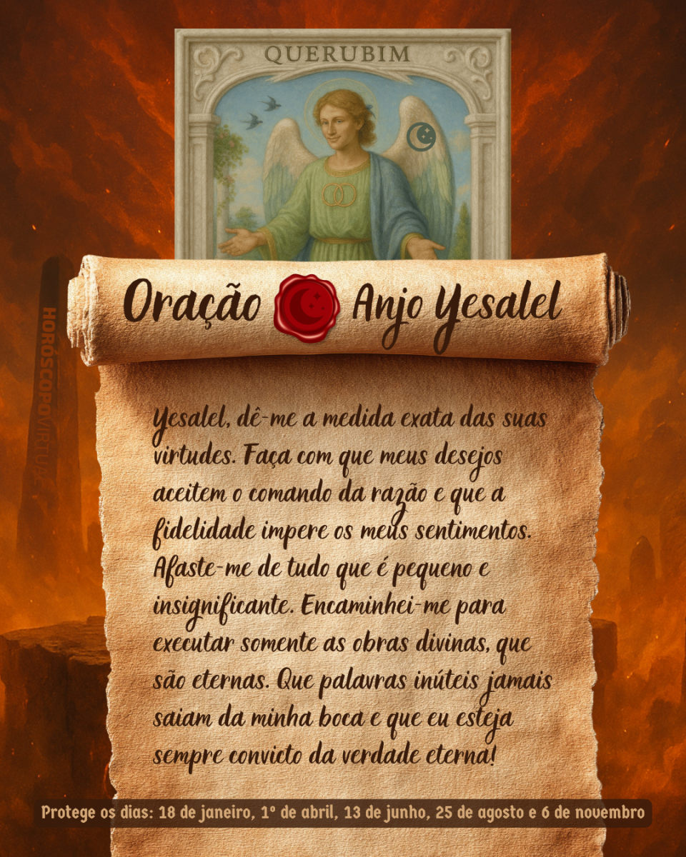 HORÓSCOPO ViRTUaL / Canva Imagem vertical, com fundo em tons de laranja e marrom. Na parte superior, há um quadro representando um anjo. Um pergaminho antigo ocupa a maior parte da imagem e apresenta o título “Oração Anjo Yesalel” e a oração:
