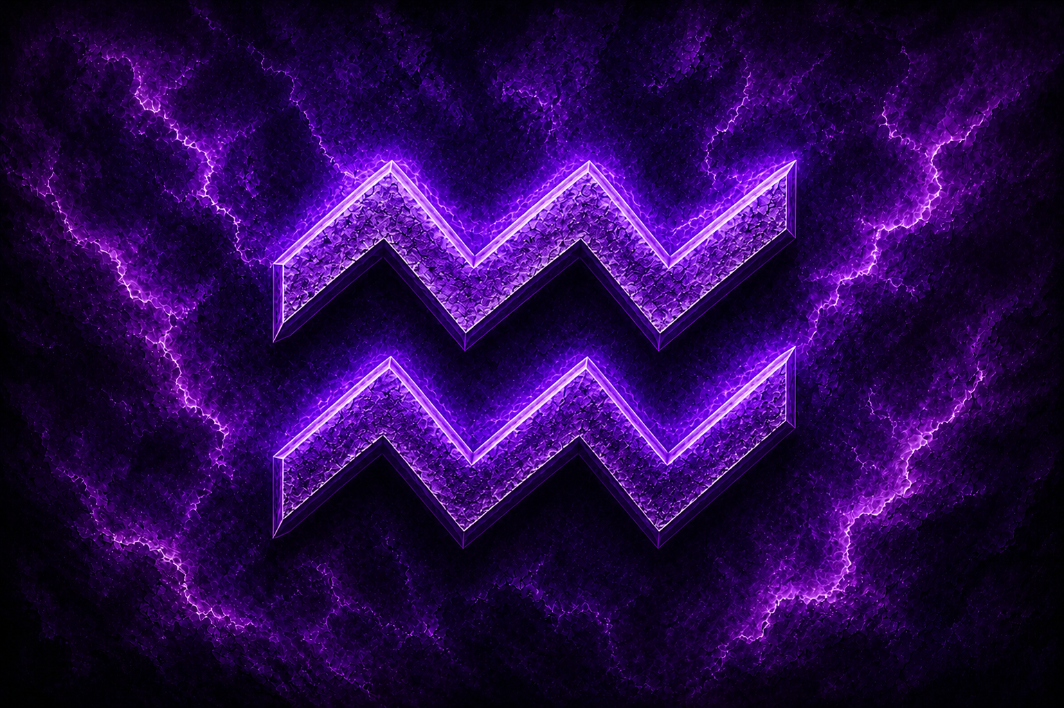 HORÓSCOPO ViRTUaL / Canva Símbolo de Aquário em destaque ao centro, envolto por uma textura cósmica em tons intensos de roxo, com efeito luminoso e aspecto místico.