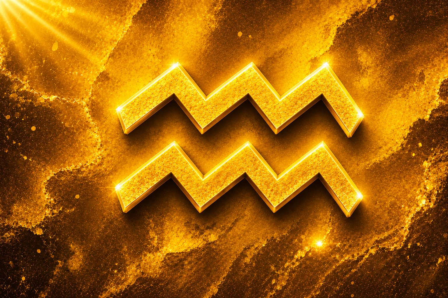 Símbolo do signo de Aquário em destaque sobre fundo texturizado em tons de amarelo e dourado.