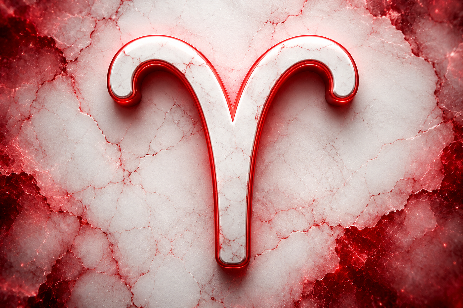 HORÓSCOPO ViRTUaL / Canva Símbolo do signo de Áries em destaque branco sobre fundo texturizado com detalhes em vermelho.