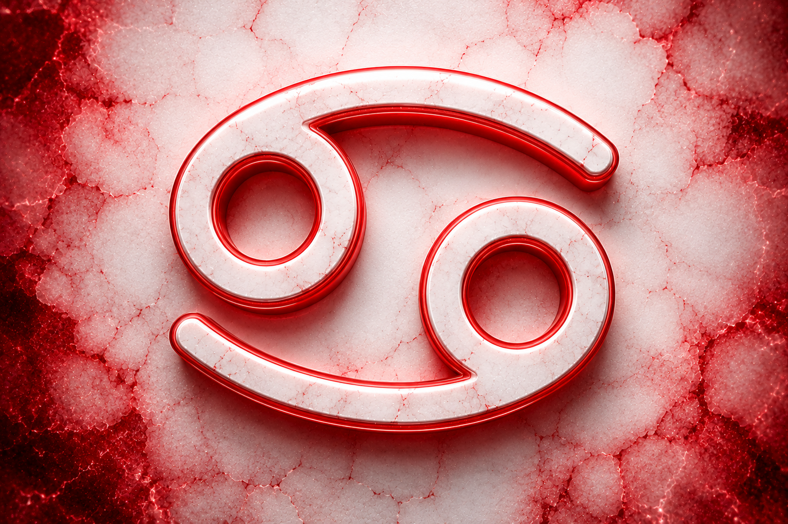 HORÓSCOPO ViRTUaL / Canva Símbolo do signo de Câncer em destaque branco sobre fundo texturizado com detalhes em vermelho.