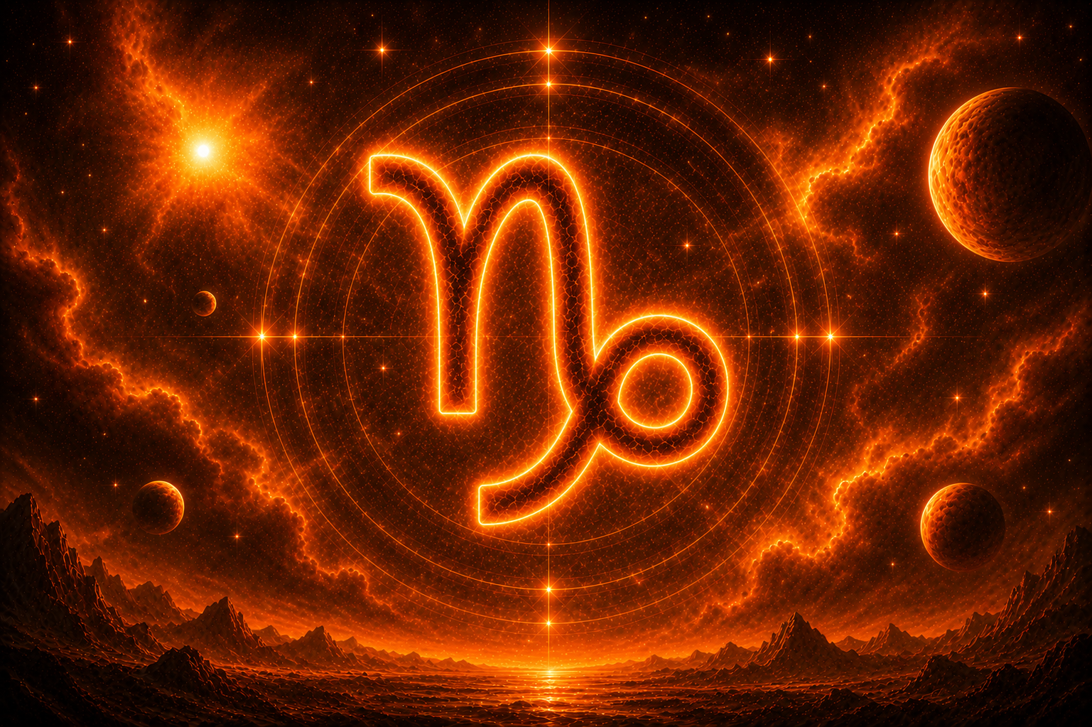 HORÓSCOPO ViRTUaL / Canva Símbolo de Capricórnio em destaque no centro de uma paisagem cósmica alaranjada, cercado por planetas, estrelas e nebulosas luminosas em um cenário celestial intenso.