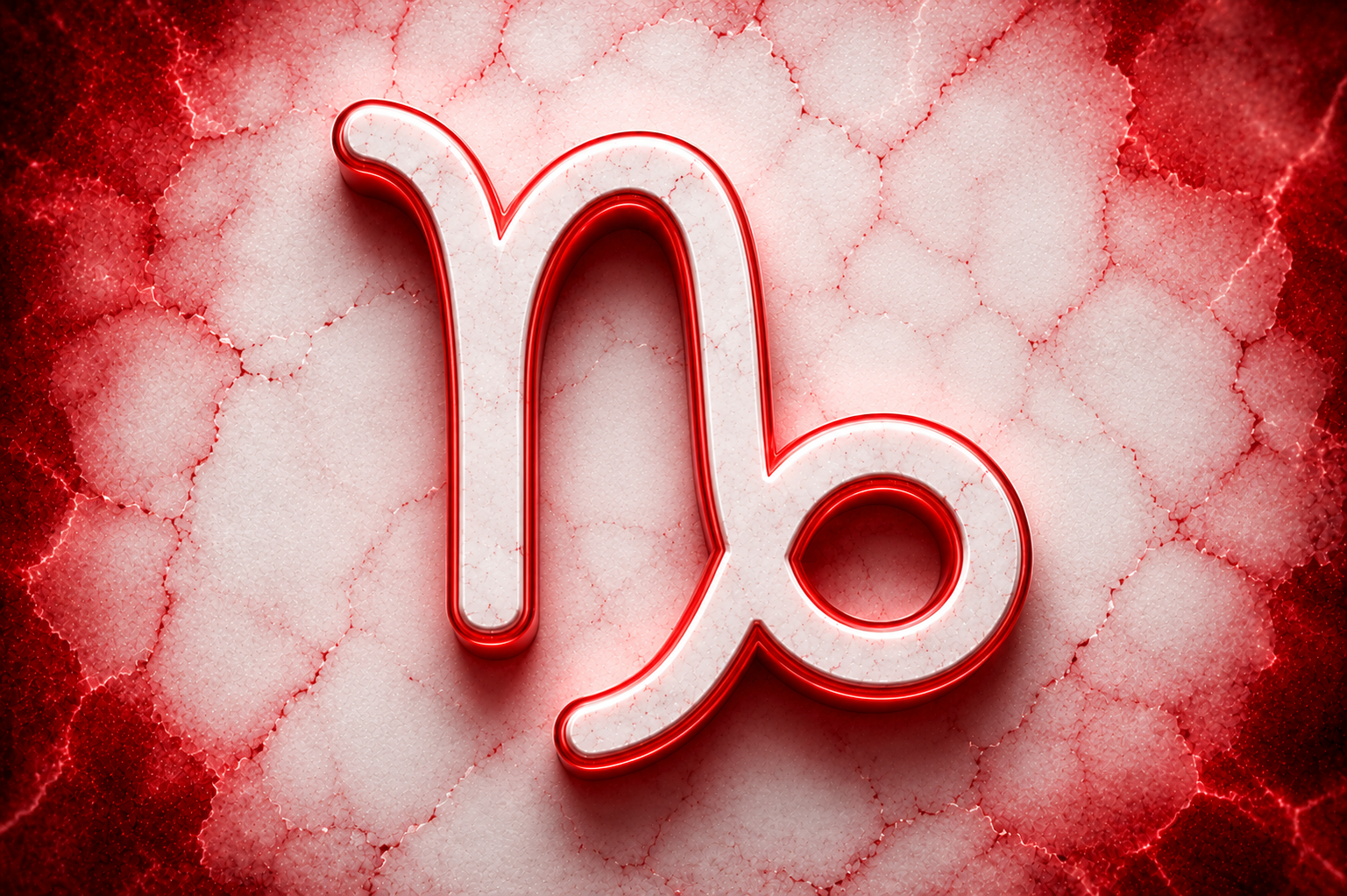 HORÓSCOPO ViRTUaL / Canva Símbolo do signo de Capricórnio em destaque branco sobre fundo texturizado com detalhes em vermelho.