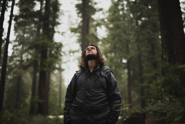 Homem branco olhando para o céu numa floresta.