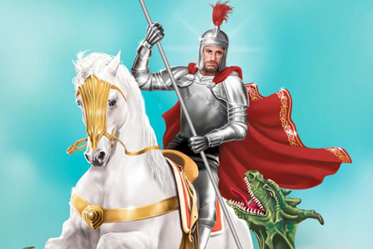 Ilustração de São Jorge, com sua armadura, em seu cavalo.