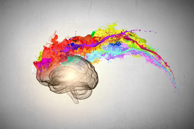 Desenho de um cérebro com tinta colorida saindo de dentro dele