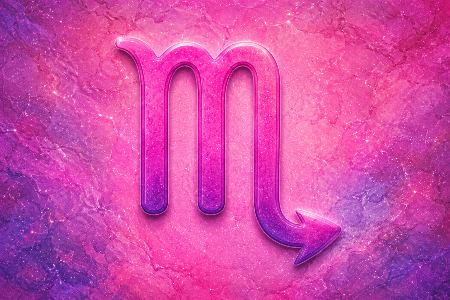 Símbolo do signo de Escorpião em destaque sobre fundo texturizado em tons de rosa, roxo e azul.