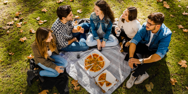 Amigos reunidos sentados sobre a grama. Ao centro, há uma pizza fatiada. 
