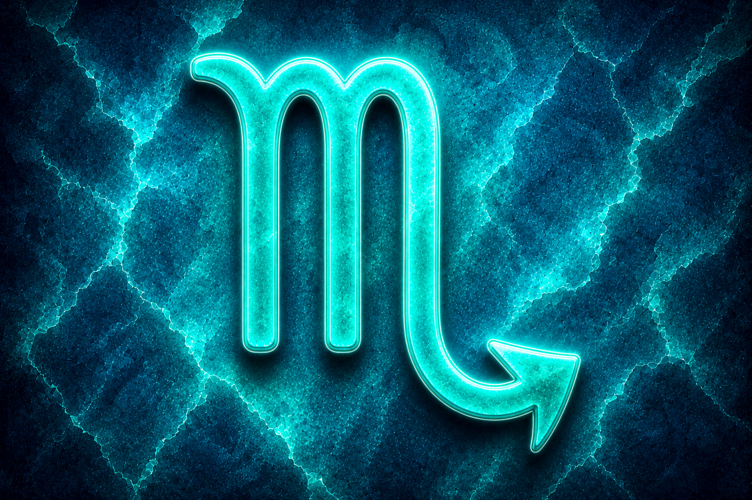 HORÓSCOPO ViRTUaL / Canva Símbolo do signo de Escorpião em destaque sobre fundo texturizado em tons de azul e verde-água.