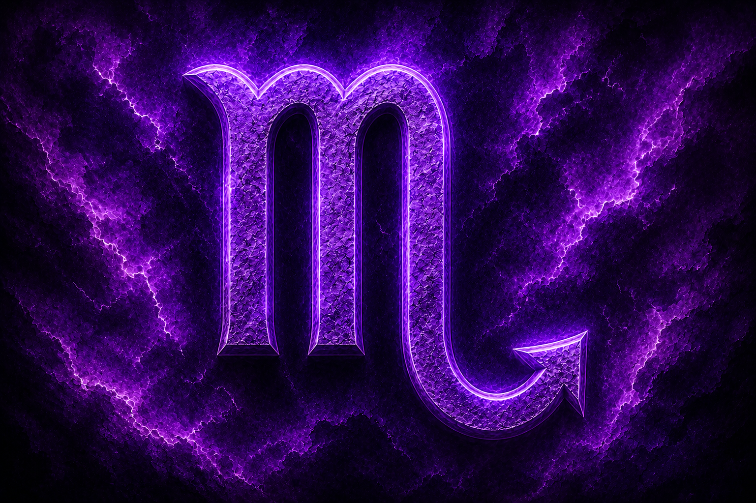 HORÓSCOPO ViRTUaL / Canva Símbolo de Escorpião em destaque ao centro, envolto por uma textura cósmica em tons intensos de roxo, com efeito luminoso e aspecto místico.