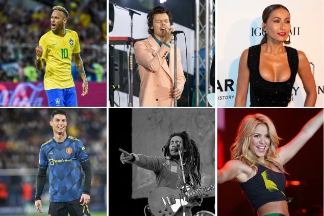 Grid com Neymar, Harry Styles, Sabrina Sato, Cristiano Ronaldo, Bob Marley e Shakira.