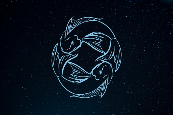 Ilustração do símbolo de Peixes sobre o céu estrelado