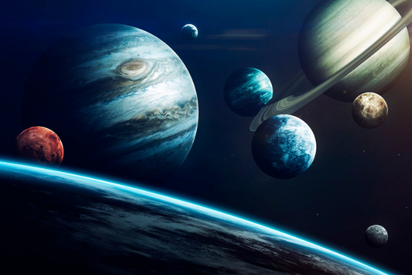 Ilustração dos planetas do Sistema Solar vistos no espaço