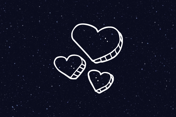 Ilustração de dois corações desenhados sobre o céu estrelado