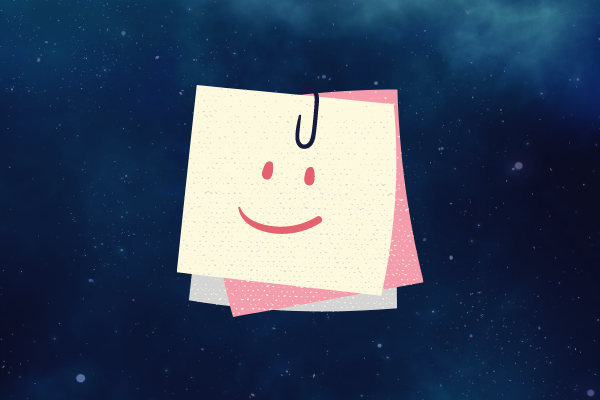 Ilustração de um bloco de anotações sorrindo sobre o céu estrelado