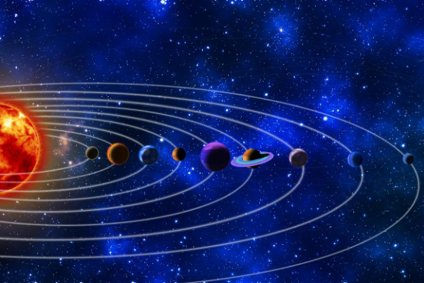 Ilustração dos planetas do sistema solar alinhados