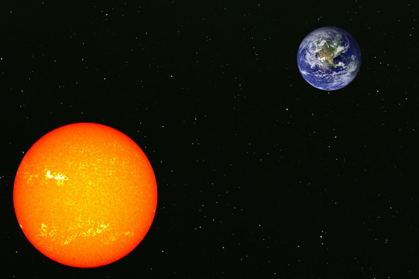 Ilustração do planeta Terra e do Sol vistos do espaço