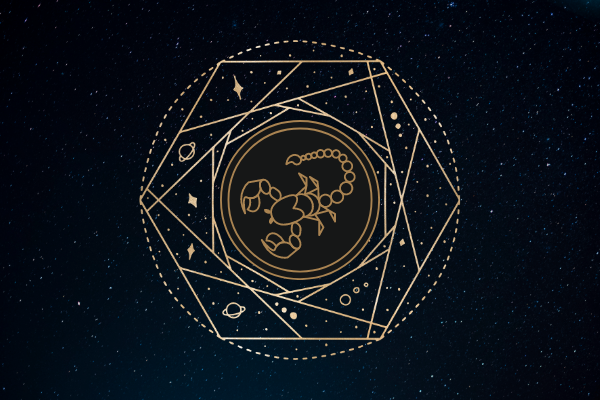 Ilustração do signo de Escorpião sobre o céu estrelado