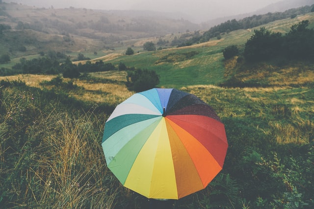 Guarda-chuva colorido num campo.