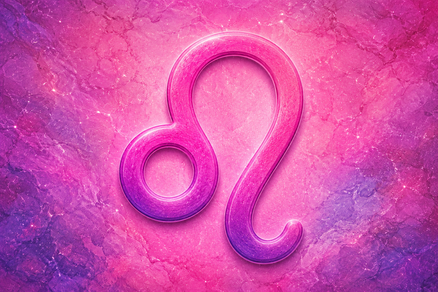 Símbolo do signo de Leão em destaque sobre fundo texturizado em tons de rosa, roxo e azul.