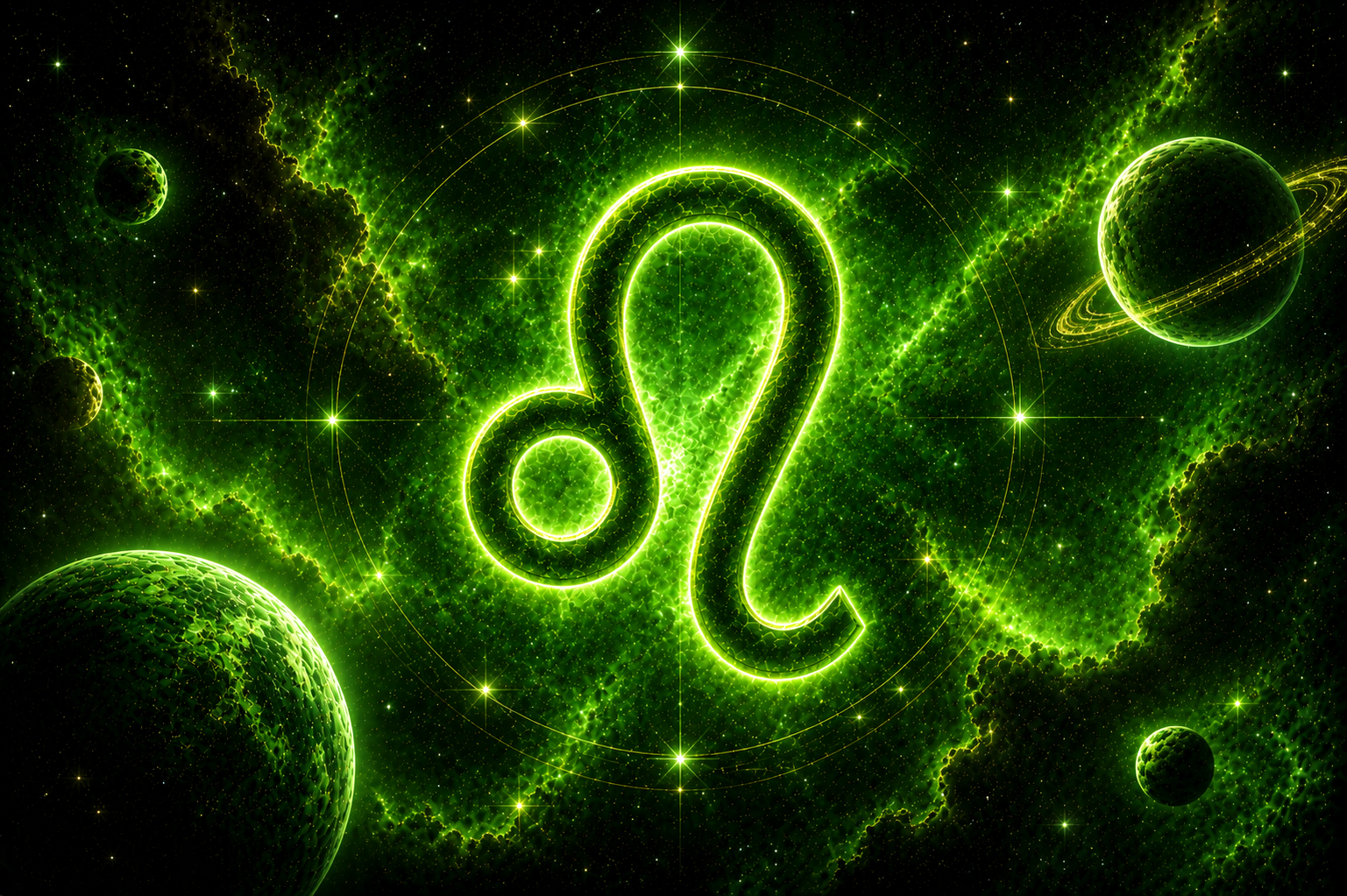 Símbolo de Leão em destaque no centro de um cenário cósmico verde, cercado por planetas, estrelas e nebulosas luminosas que criam uma atmosfera mística e celestial.