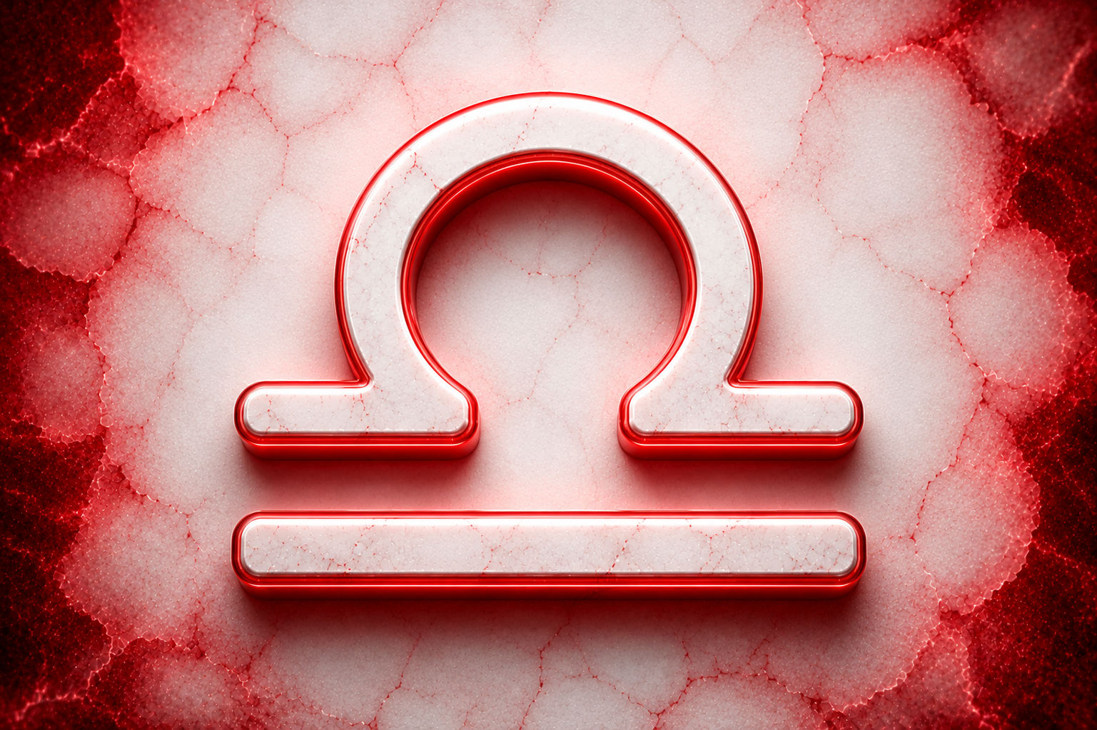 HORÓSCOPO ViRTUaL / Canva Símbolo do signo de Libra em destaque branco sobre fundo texturizado com detalhes em vermelho.