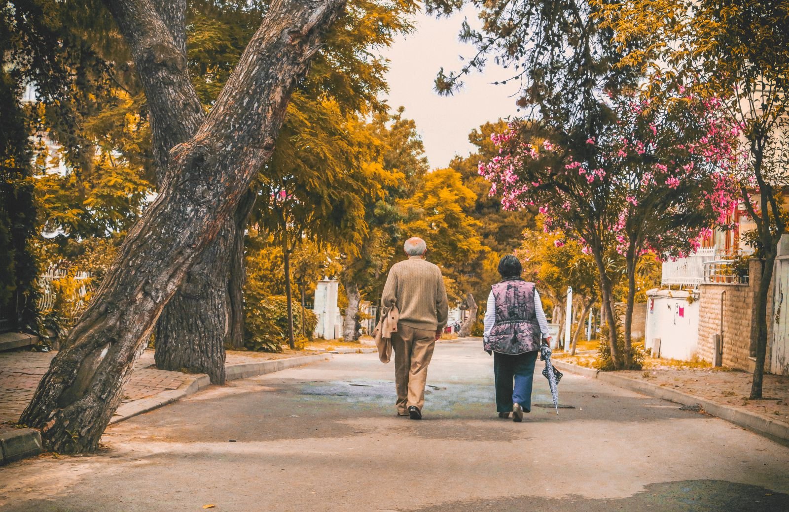 Homem e mulher idosos caminhando em um parque.