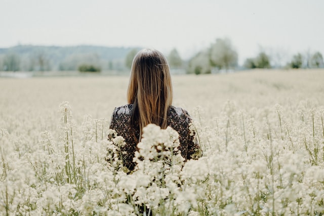 Mulher de costas num campo de flores brancas.