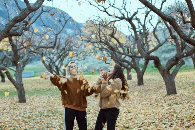 Duas jovens brancas, sendo uma loira e uma morena, com roupas de inverno brincando com folhas secas do chão