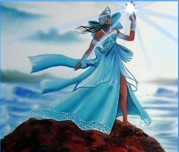 Ilustração de Oxum vestido em tons azuis.