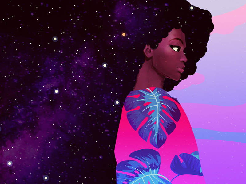 Ilustração de uma mulher cujos cabelos estão repletos de estrelas.