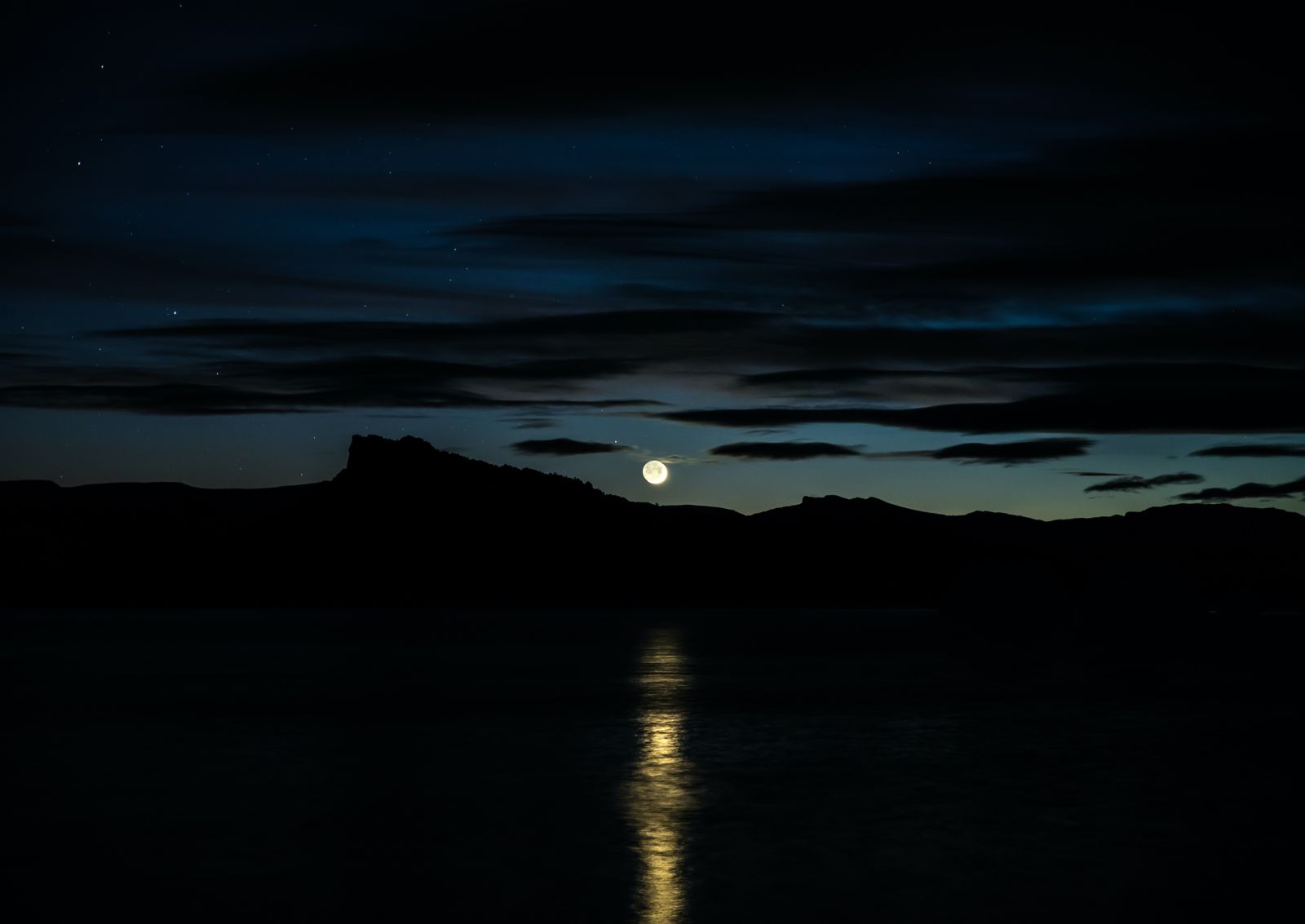 Lua cheia iluminando o mar e o céu