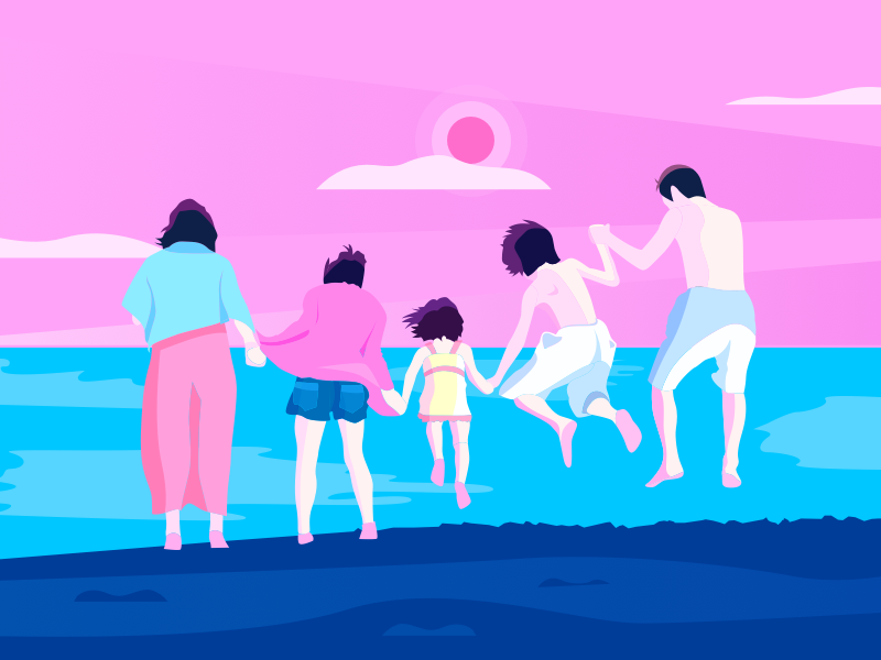 Ilustração de uma família na praia.