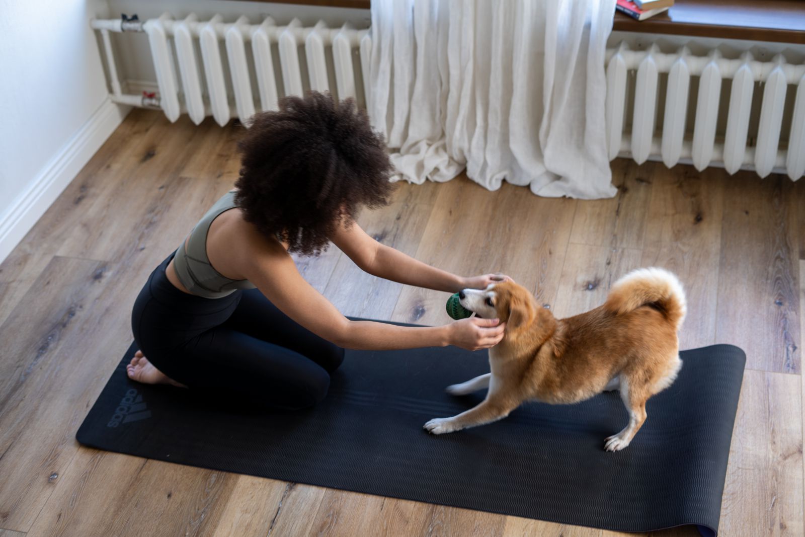 Mulher brincando com cachorro em um tapete de ioga